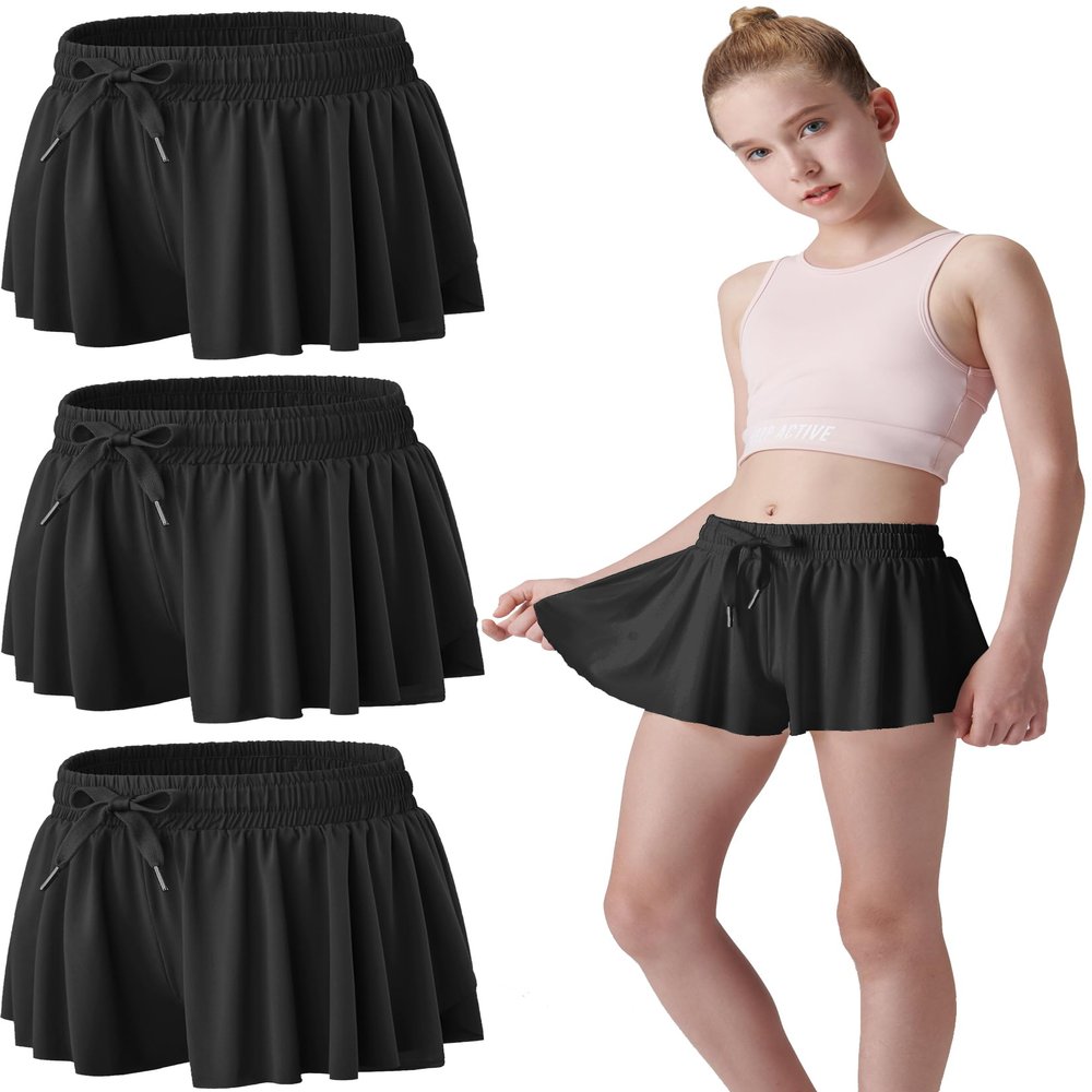 3 Pack Girls Flowy Shorts with Spandex Liner 2-in-1 Youth Butterfly Skirts for Fitness, Running, Sports (Set 8, Youth X-Small)