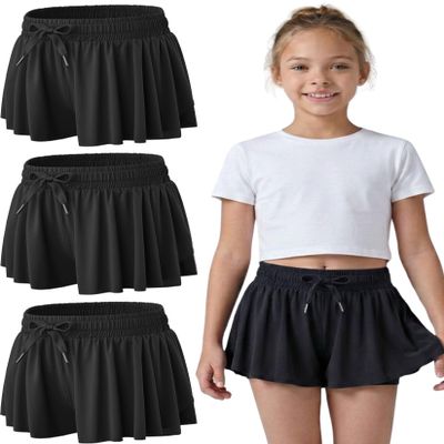 3 Pack Girls Flowy Shorts with Spandex Liner 2-in-1 Youth Butterfly Skirts for Fitness, Running, Sports (Set 8, Large)
