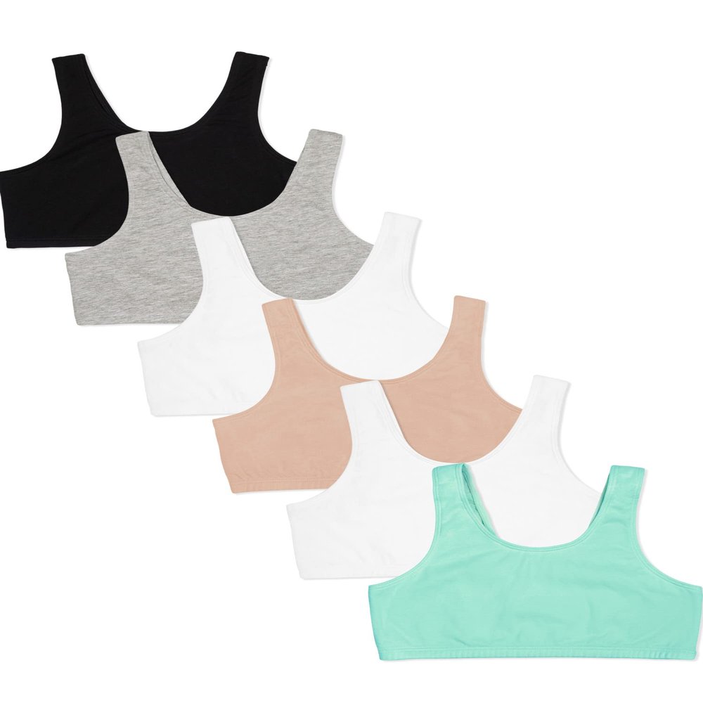 Fruit of The Loom Big Girl's Cotton Built-Up Stretch Sports Bra White/Black/Mint/Black/White/Grey 32