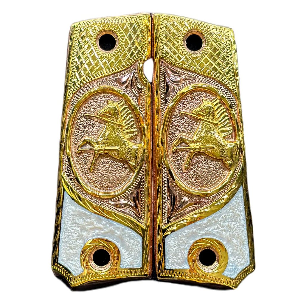 Grips for Colt 1911 Gun Colt Horse Model Gold Plated and Rose Gold Plated and White Resin Includes Screws