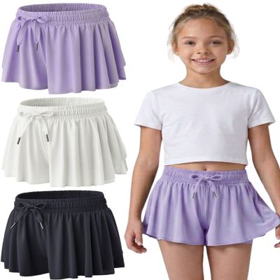 3 Pack Girls Flowy Shorts with Spandex Liner 2-in-1 Youth Butterfly Skirts for Fitness, Running, Sports (Set 7, X-Large)