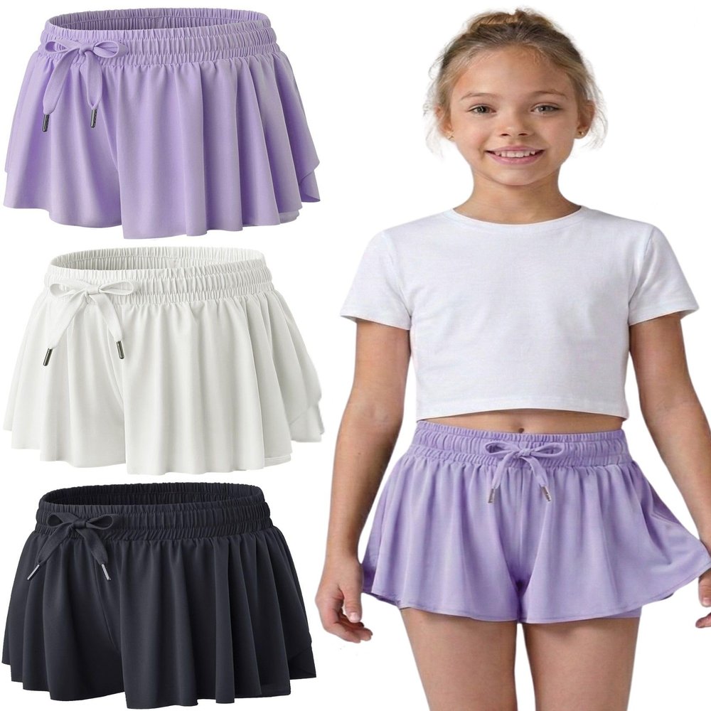 3 Pack Girls Flowy Shorts with Spandex Liner 2-in-1 Youth Butterfly Skirts for Fitness, Running, Sports (Set 7, X-Large)