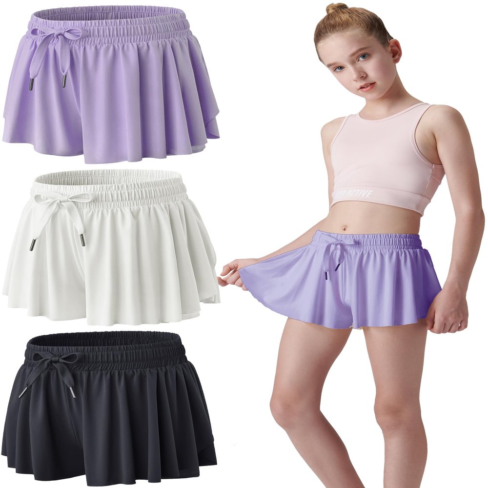 3 Pack Girls Flowy Shorts with Spandex Liner 2-in-1 Youth Butterfly Skirts for Fitness, Running, Sports (Set 7, Youth Large)