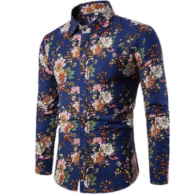 Men Painted Shirt Floral Printing Male Shirts Top Men's Casual Slim Fit Hawaiian Shirt