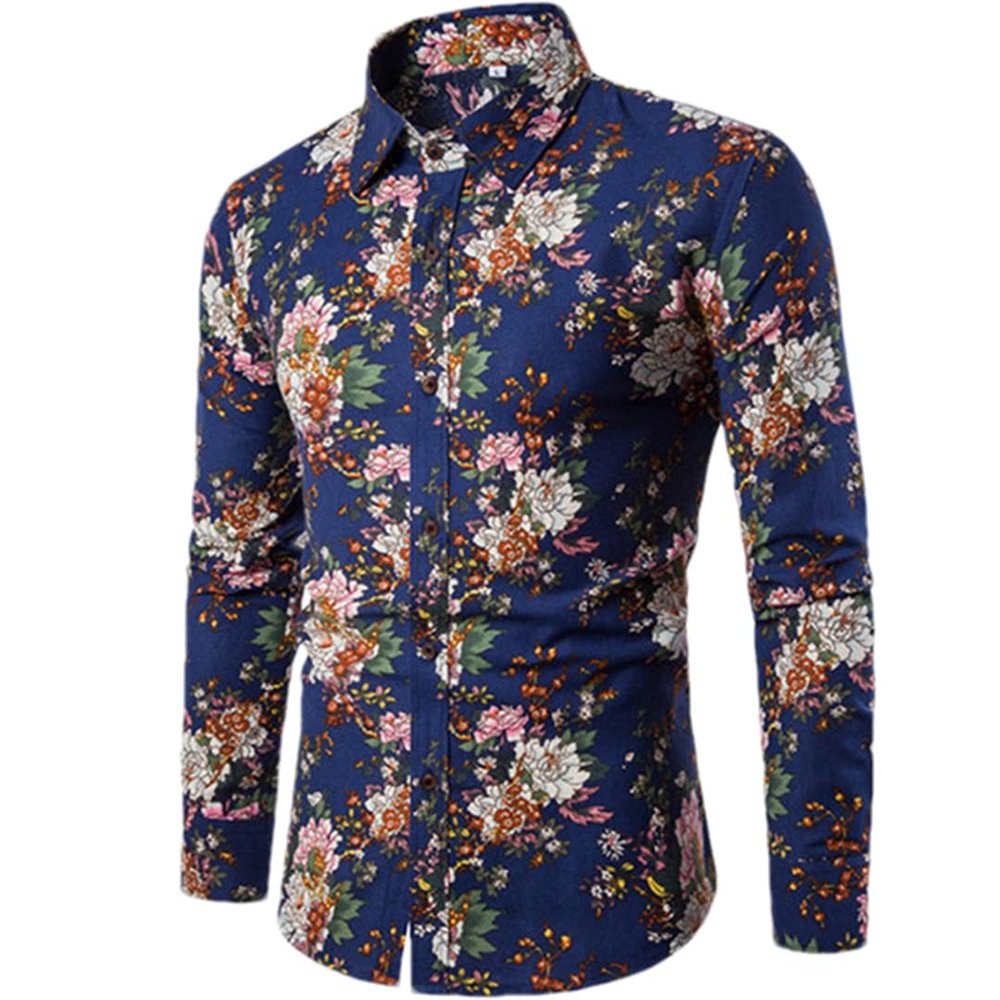 Men Painted Shirt Floral Printing Male Shirts Top Men's Casual Slim Fit Hawaiian Shirt