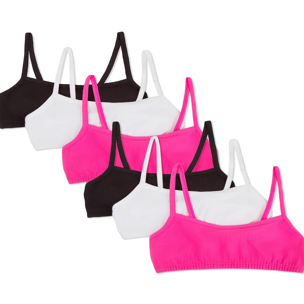 Fruit of The Loom Big Girl's Spaghetti Strap Sports Bra Black/Black/Passion Fruit/Passion Fruit/White/White 28
