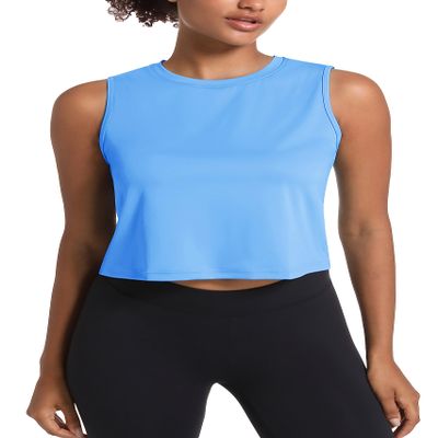 MAGCOMSEN Athletic Cropped Tops Women UPF 50+ Lightweight Workout Tank Tops Sleeveless T-Shirts Yoga Sports Running Blue M