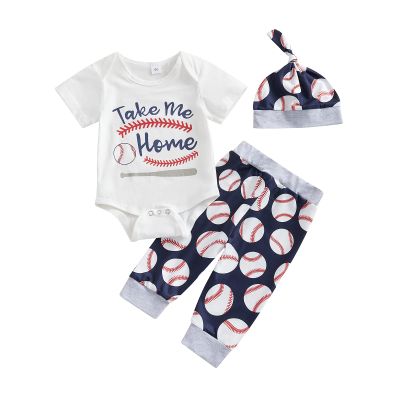 Chloefairy Newborn Baby Boy Baseball Outfit New Player in Town Romper Baseball Jogger Pants 3Pcs Coming Home Outfit (White-take me Home, 6-12 Months)