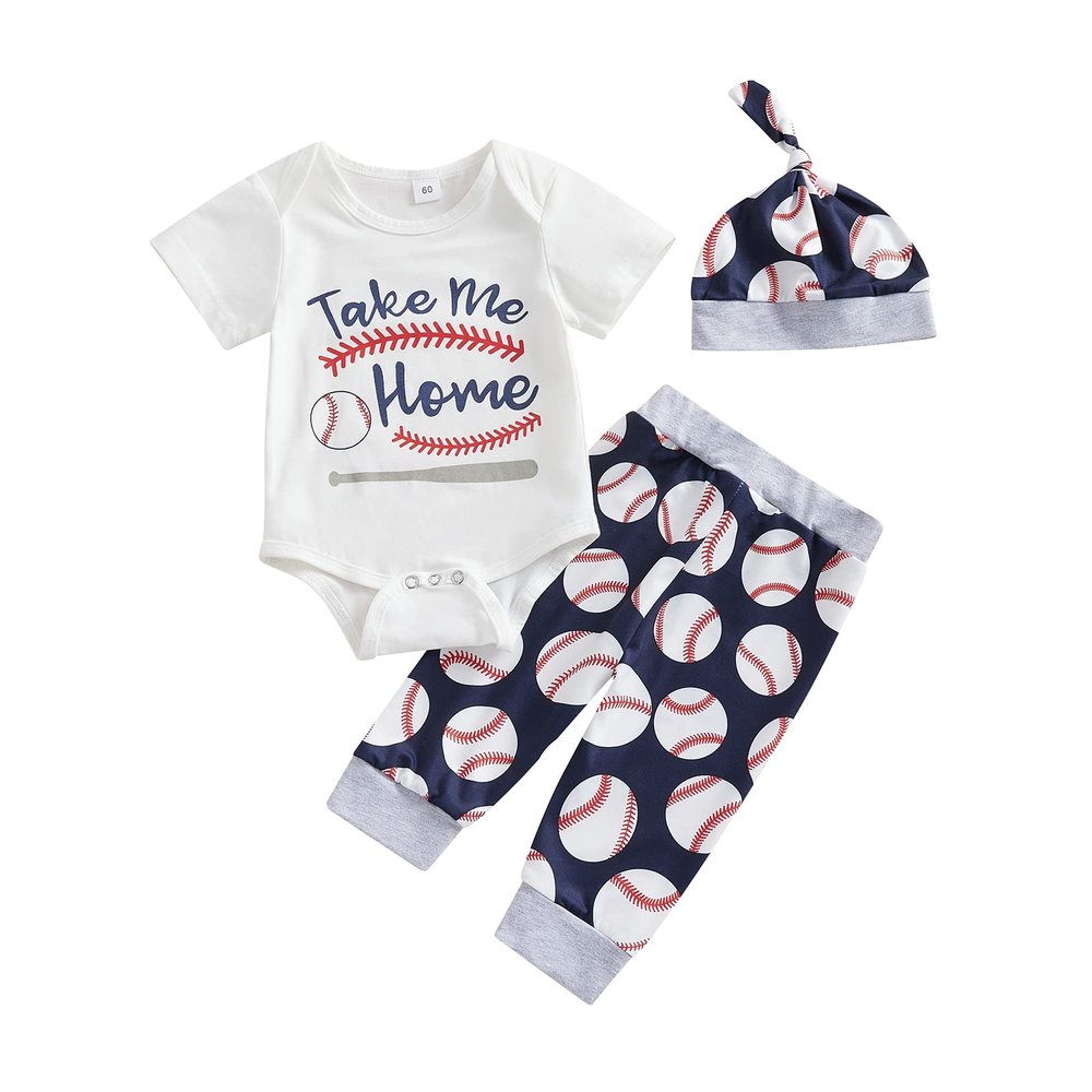 Chloefairy Newborn Baby Boy Baseball Outfit New Player in Town Romper Baseball Jogger Pants 3Pcs Coming Home Outfit (White-take me Home, 6-12 Months)