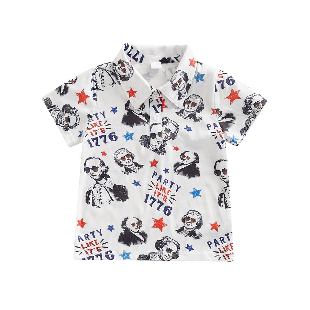 4th of July Baby Boy Outfits American Flag Print Short Sleeve Lapel Shirt Tops Toddler Kids Boys Summer Clothes (A White,2-3T)