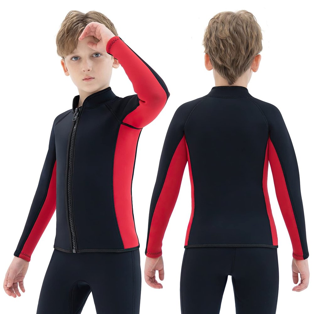 REALON Kids Wetsuit Top Jacket for Boys Girls Toddler Youth, Children's Wet Suit Shirt Neoprene 3mm Long Sleeve Front Zipper Swimsuit for Swimming Surfing Dive Snorkeling Water Sports