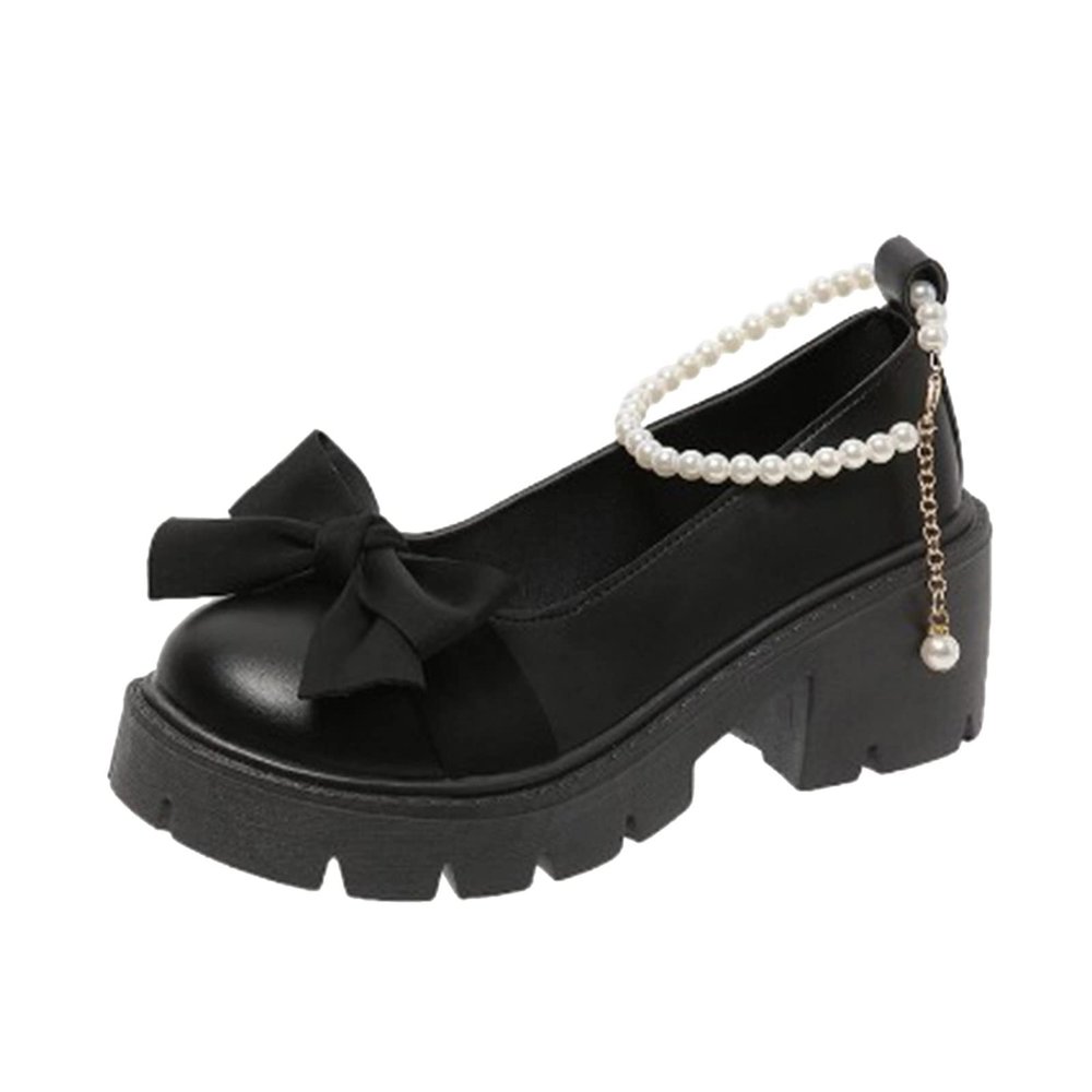 HINDOLA Platform Loafers for Women Bowknot Pearl Buckle Mary Jane Shoes Fashion Casual British Style Chunky Heel Loafers