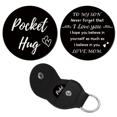 CREATCABIN 1 Set Pocket Hug Token Heart Pattern Long Distance Relationship Keepsake Keychain Stainless Steel Double Sided with PU Leather Keychain Gift for Son Family(Black)-to My Son 1.2Inch