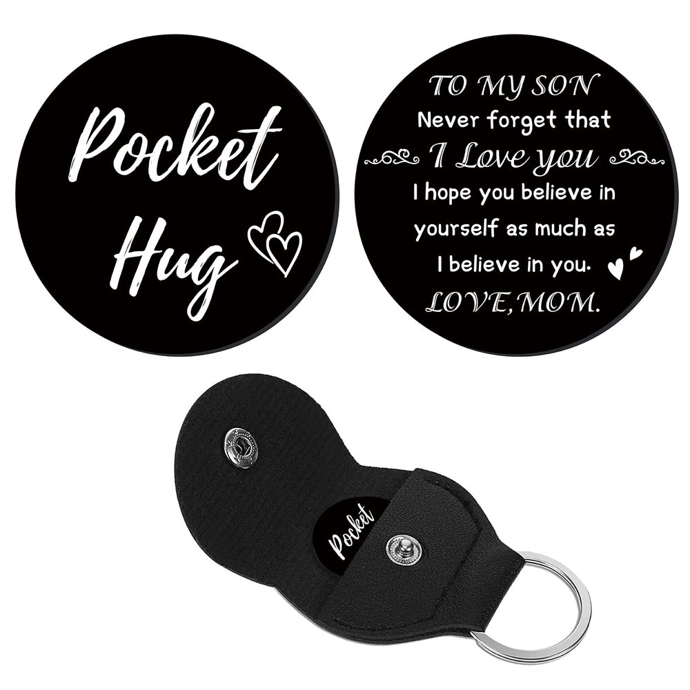 CREATCABIN 1 Set Pocket Hug Token Heart Pattern Long Distance Relationship Keepsake Keychain Stainless Steel Double Sided with PU Leather Keychain Gift for Son Family(Black)-to My Son 1.2Inch