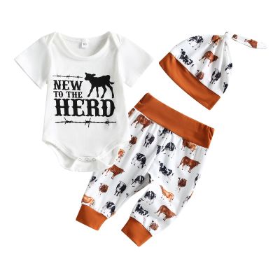 Chloefairy Newborn Baby Boy Western Summer Clothes New to The Herd Romper Cow Onesie Pants Set Hat Infant Cowboy Outfit (White-C, 0-3 Months)