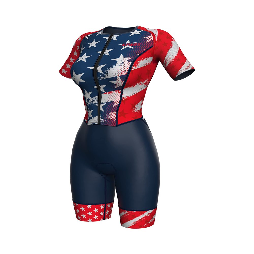 Sparx Aero Triathlon Suit Women Short Sleeve Tri Suit Women Running Swimming Cycling Skinsuit (US Flag, Small)