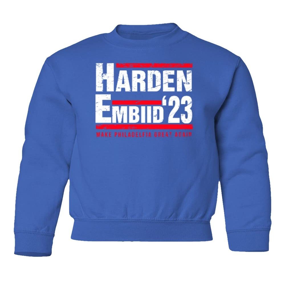 Harden Embiid 2023 Philadelphia Basketball Youth Crewneck Sweatshirt (Royal, Youth Large)