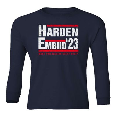 superhotapparel Harden Embiid 2023 Philadelphia Basketball Youth Long Sleeve T-Shirt (Navy, Youth Large)
