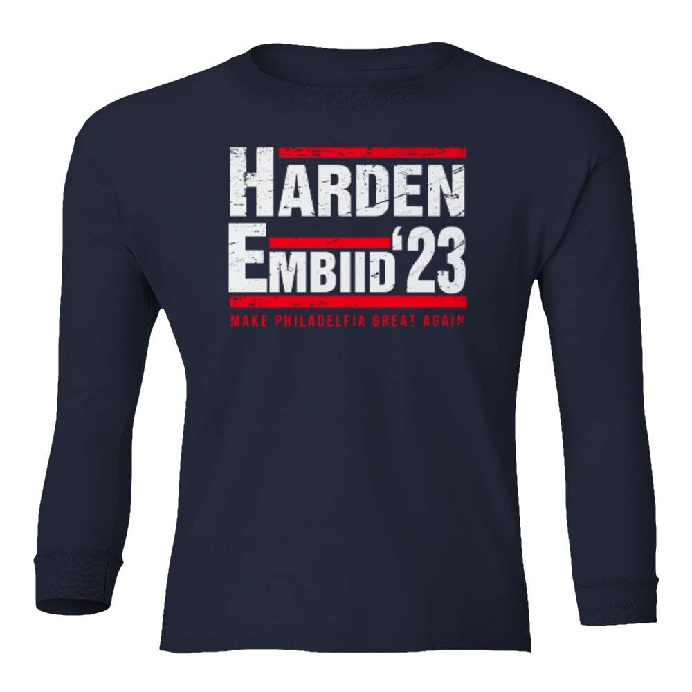 superhotapparel Harden Embiid 2023 Philadelphia Basketball Youth Long Sleeve T-Shirt (Navy, Youth Large)