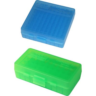 MTM P-100-9-24 Ammo Box 100 Round Flip-Top 9mm 380 ACP, Clear Blue & MTM 380/9MM Cal 50 Round Flip-Top Ammo Box, Clear Green