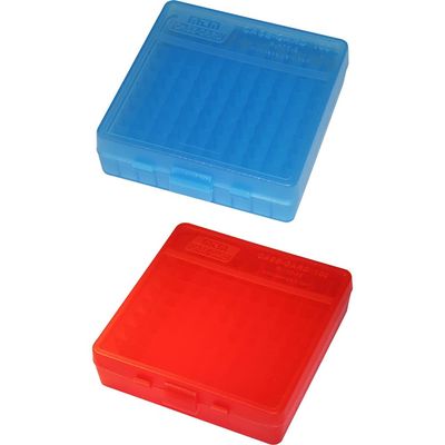 MTM P-100-9-24 Ammo Box 100 Round Flip-Top 9mm 380 ACP, Clear Blue & MTM 100 Round Flip-Top Ammo Box 40/45/10MM Cal (Clear Red)