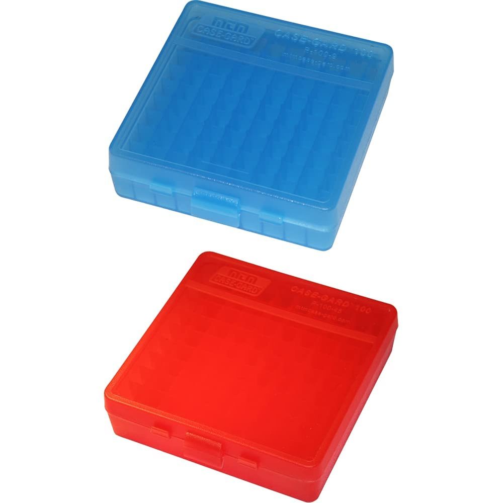 MTM P-100-9-24 Ammo Box 100 Round Flip-Top 9mm 380 ACP, Clear Blue & MTM 100 Round Flip-Top Ammo Box 40/45/10MM Cal (Clear Red)