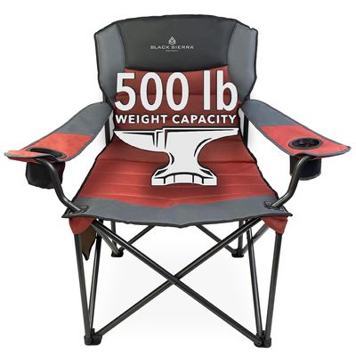 Black Sierra Oversize XL Camping Chair Supports 500 lbs, Padded Folding Outdoor Chair w/ 2 Cupholders and Carrybag, Heavy Duty Portable Collapsible Camp Chair Perfect for Sports, RV, Lawn, Beach (Red)
