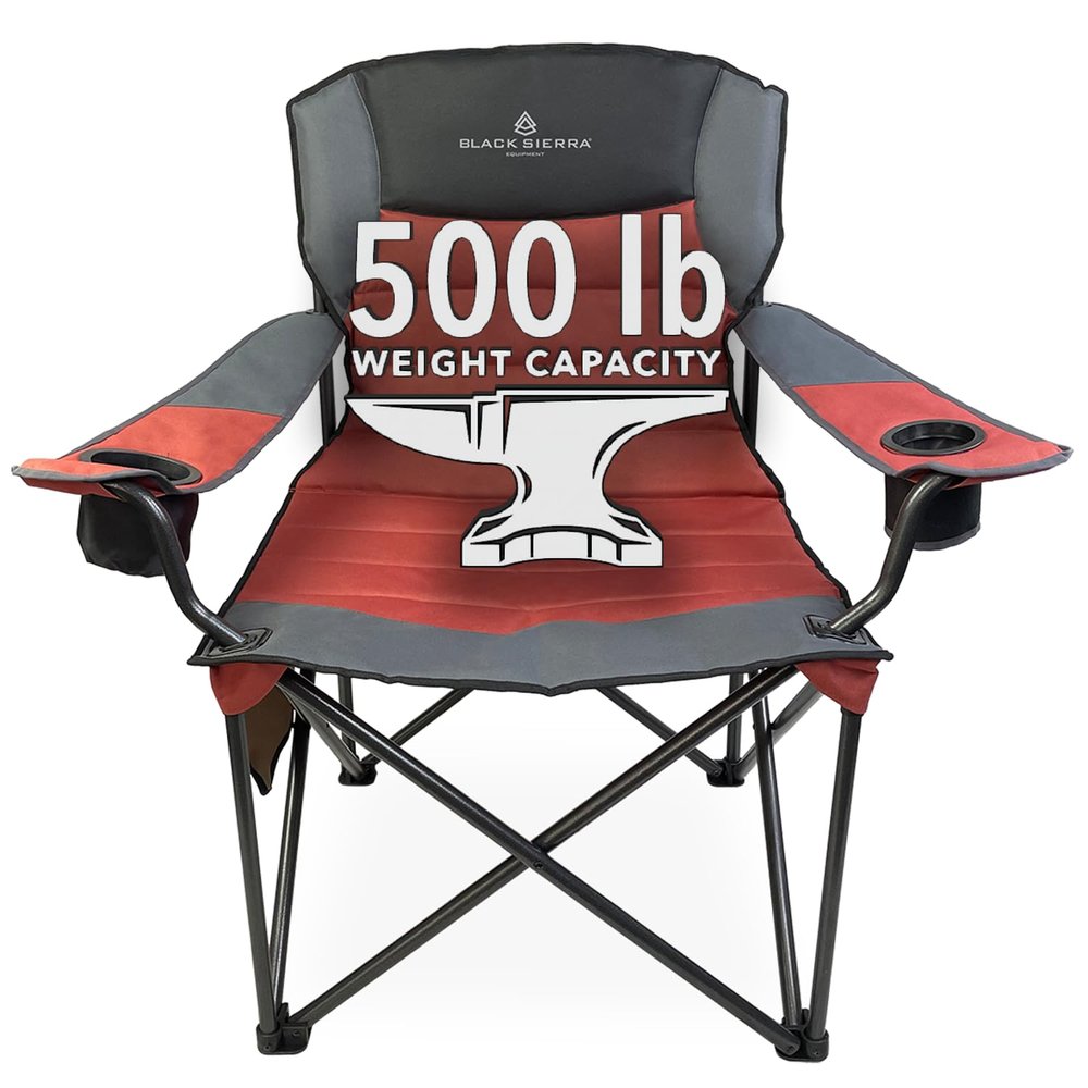 Black Sierra Oversize XL Camping Chair Supports 500 lbs, Padded Folding Outdoor Chair w/ 2 Cupholders and Carrybag, Heavy Duty Portable Collapsible Camp Chair Perfect for Sports, RV, Lawn, Beach (Red)