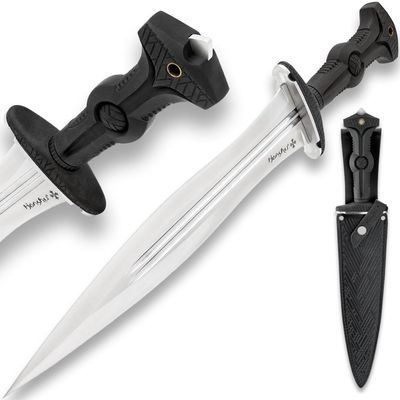 Honshu Legionary Dagger | 13 1/8" 7cr13 Stainless Steel Blade | Glass Breaker Pommel | Molded TPR Handle | Satin Finish | Includes Genuine Black Leather Sheath