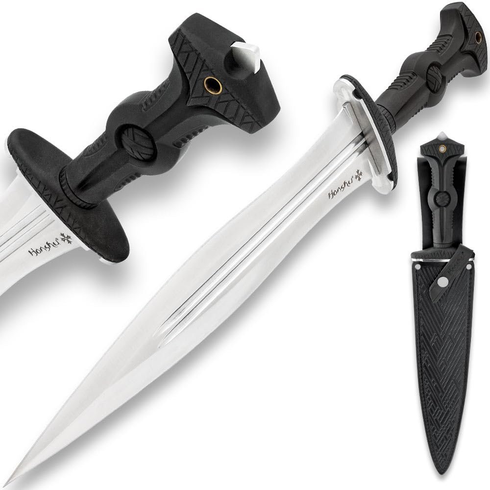 Honshu Legionary Dagger | 13 1/8" 7cr13 Stainless Steel Blade | Glass Breaker Pommel | Molded TPR Handle | Satin Finish | Includes Genuine Black Leather Sheath