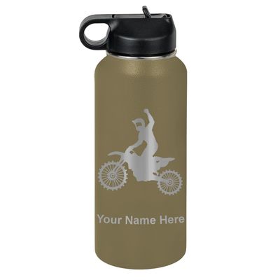 LaserGram Personalized Water Bottle, Motocross, Stainless Steel Double Wall Vacuum Insulated with Flip Top Straw, Custom Engraved Gift (32oz / 950ml Camo Green)
