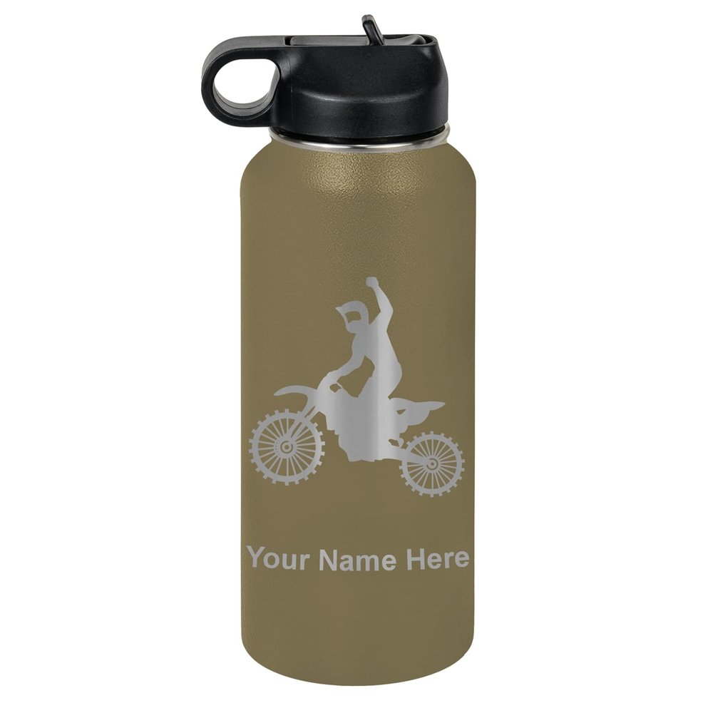 LaserGram Personalized Water Bottle, Motocross, Stainless Steel Double Wall Vacuum Insulated with Flip Top Straw, Custom Engraved Gift (32oz / 950ml Camo Green)