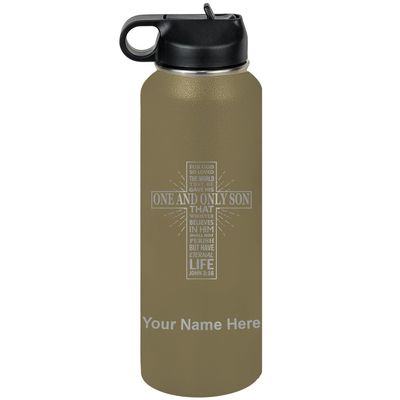 LaserGram Personalized Water Bottle, Bible Verse John 3-16, Stainless Steel Double Wall Vacuum Insulated with Flip Top Straw, Custom Engraved Gift (40oz / 1180ml Camo Green)