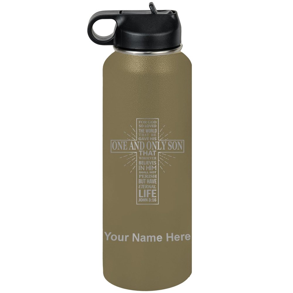 LaserGram Personalized Water Bottle, Bible Verse John 3-16, Stainless Steel Double Wall Vacuum Insulated with Flip Top Straw, Custom Engraved Gift (40oz / 1180ml Camo Green)
