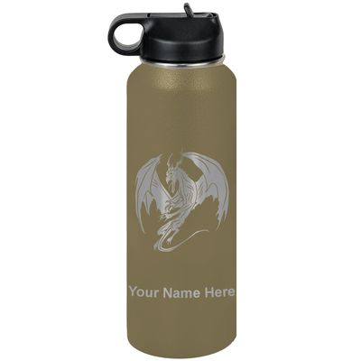 LaserGram Personalized Water Bottle, Dragon, Stainless Steel Double Wall Vacuum Insulated with Flip Top Straw, Custom Engraved Gift (40oz / 1180ml Camo Green)