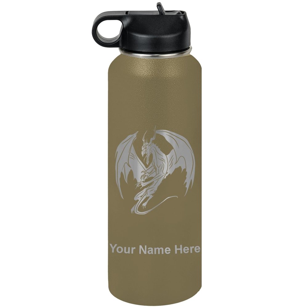 LaserGram Personalized Water Bottle, Dragon, Stainless Steel Double Wall Vacuum Insulated with Flip Top Straw, Custom Engraved Gift (40oz / 1180ml Camo Green)