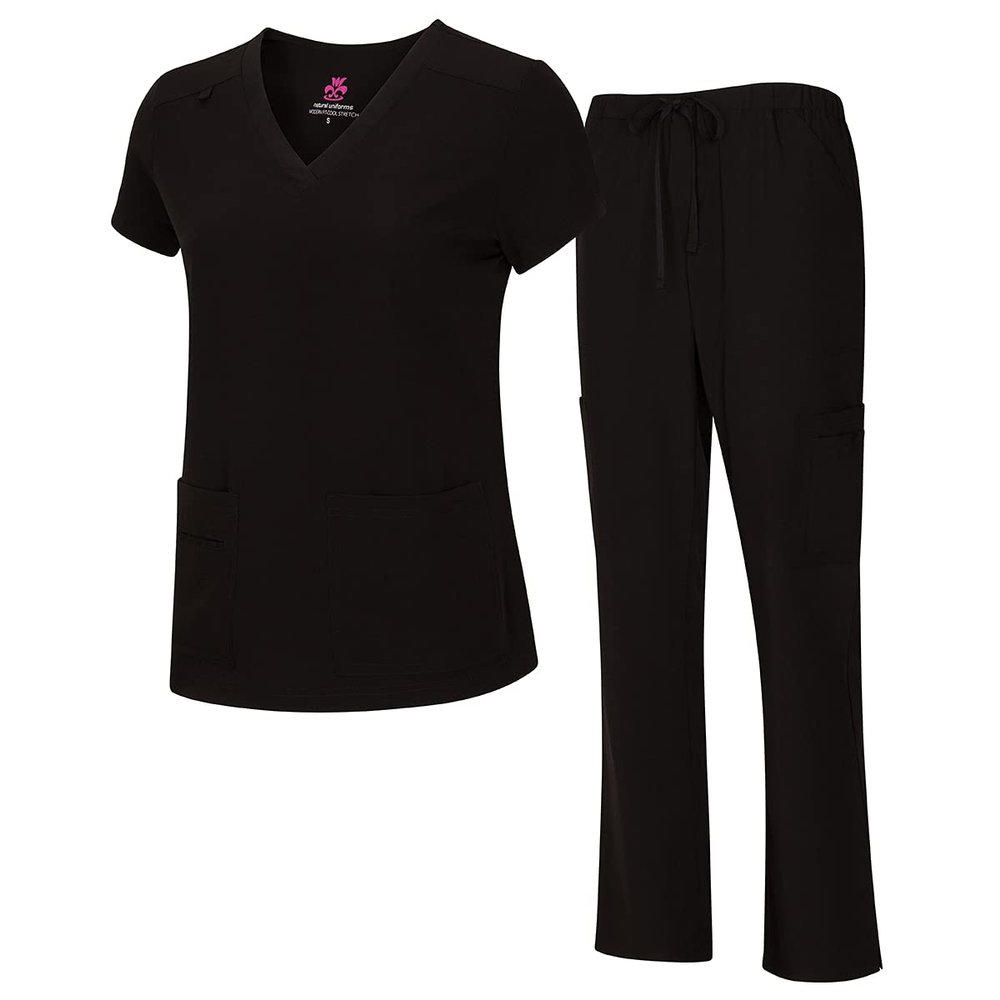 ACTIVE UNIFORMS Mens Scrub Set Medical Scrub Top and Pants (Large, Black)
