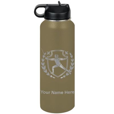 LaserGram Personalized Water Bottle, Fencing, Stainless Steel Double Wall Vacuum Insulated with Flip Top Straw, Custom Engraved Gift (40oz / 1180ml Camo Green)