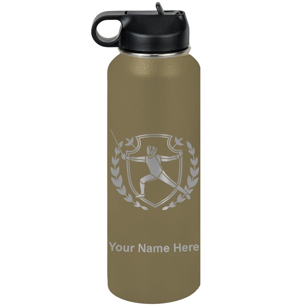 LaserGram Personalized Water Bottle, Fencing, Stainless Steel Double Wall Vacuum Insulated with Flip Top Straw, Custom Engraved Gift (40oz / 1180ml Camo Green)