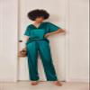 Ekouaer Satin Pajama Set Womens Silk Short Sleeve V Neck Shirt with Long Pant Soft Loungewear Pjs Set Green view 3