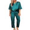 Ekouaer Satin Pajama Set Womens Silk Short Sleeve V Neck Shirt with Long Pant Soft Loungewear Pjs Set Green view 4
