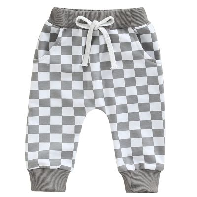 Mubineo Toddler Baby Boy Girl Infant Basic Plain Sweatpants Comfy Cotton Pants with Pockets (J Grey White Plaid, 6-12 Months)