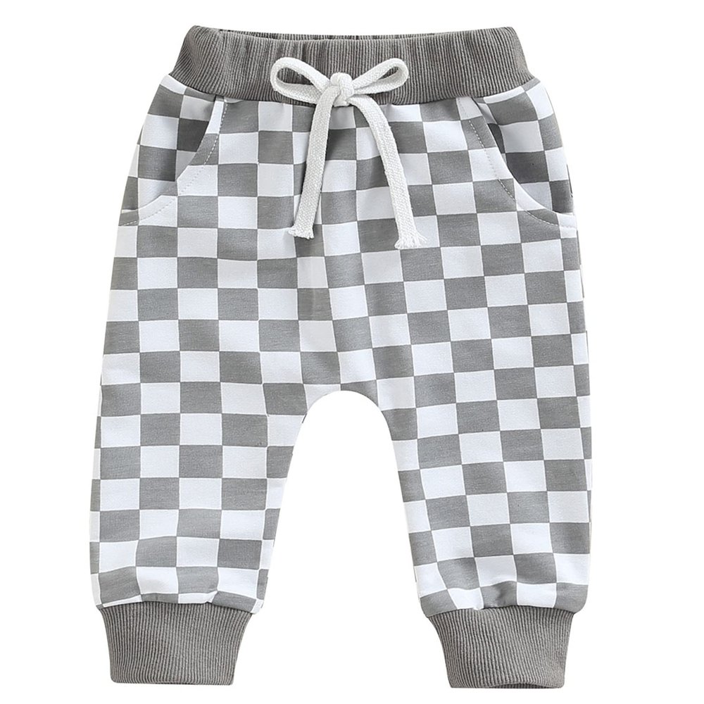 Mubineo Toddler Baby Boy Girl Infant Basic Plain Sweatpants Comfy Cotton Pants with Pockets (J Grey White Plaid, 6-12 Months)