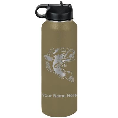 LaserGram Personalized Water Bottle, Bass Fish, Stainless Steel Double Wall Vacuum Insulated with Flip Top Straw, Custom Engraved Gift (40oz / 1180ml Camo Green)