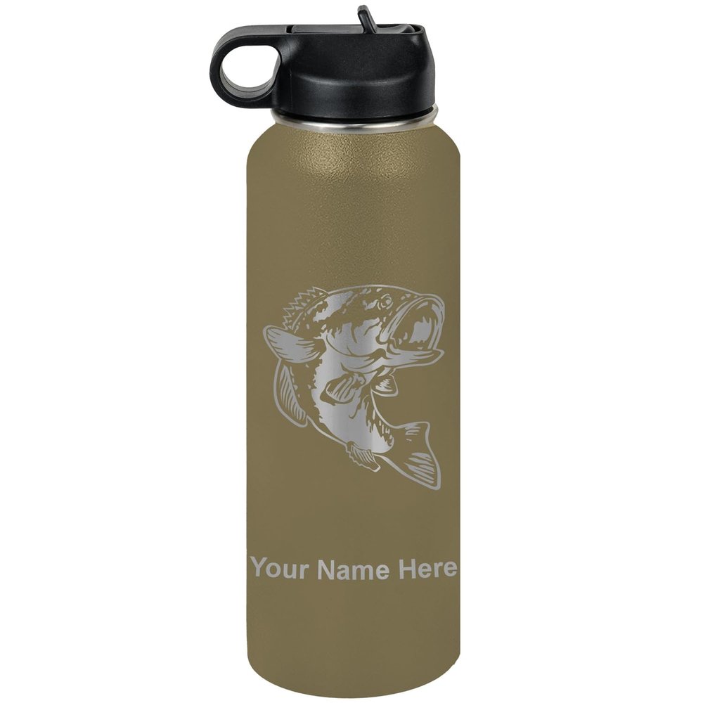 LaserGram Personalized Water Bottle, Bass Fish, Stainless Steel Double Wall Vacuum Insulated with Flip Top Straw, Custom Engraved Gift (40oz / 1180ml Camo Green)