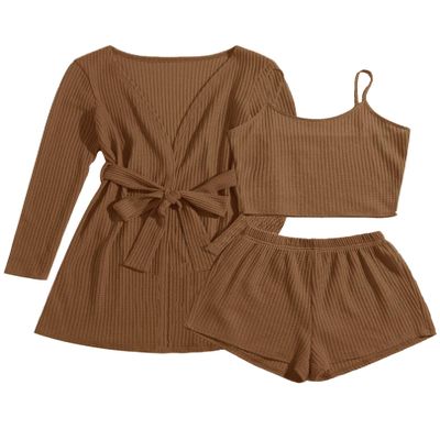 Ekouaer Pajamas for Women Set 3 Piece Lounge Set Soft Pajama Sets Waffle Knit Tank Top and Shorts Cardigan with Pockets S-XXL Brown