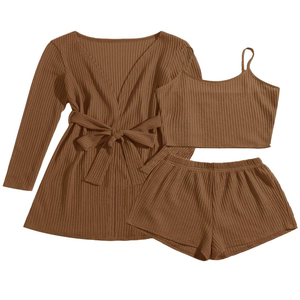 Ekouaer Pajamas for Women Set 3 Piece Lounge Set Soft Pajama Sets Waffle Knit Tank Top and Shorts Cardigan with Pockets S-XXL Brown