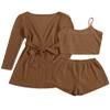 Ekouaer Pajamas for Women Set 3 Piece Lounge Set Soft Pajama Sets Waffle Knit Tank Top and Shorts Cardigan with Pockets S-XXL Brown view 1