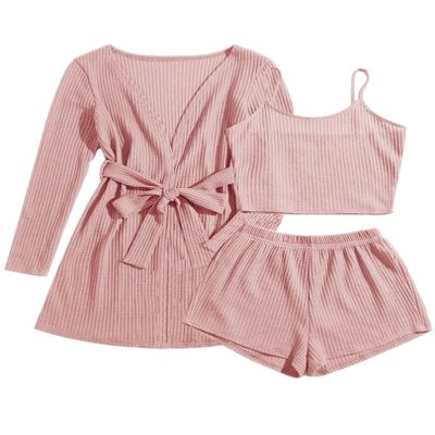 Ekouaer Pajamas for Women Set 3 Piece Lounge Set Soft Pajama Sets Waffle Knit Tank Top and Shorts Cardigan with Pockets S-XXL Pink