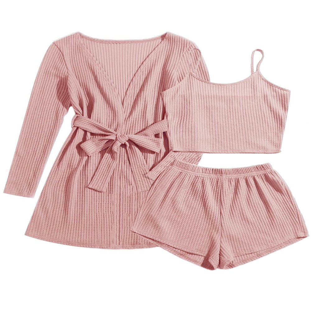 Ekouaer Pajamas for Women Set 3 Piece Lounge Set Soft Pajama Sets Waffle Knit Tank Top and Shorts Cardigan with Pockets S-XXL Pink
